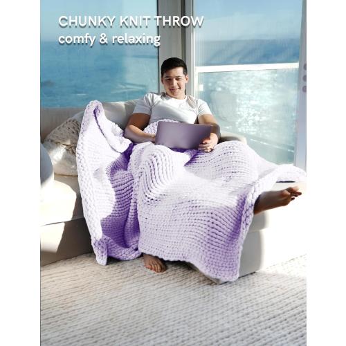 Color lavender YnM Chunky Throw Blanket, Medium-Weight, Hand Knitted, Skin Friendly, Ventilated and Breathable, Machine Washable, Home Décor Piece for Couch, Sofa and Bed (Iris Lavender)