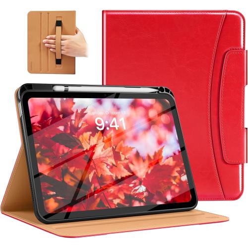 MoKo for iPad A16 Case 11-inch, iPad 11th/10th Generation Case (2025/2022) with Pencil Holder & Pocket, Premium Leather Folio Stand Cover, Multiple Viewing Angles, Water Red