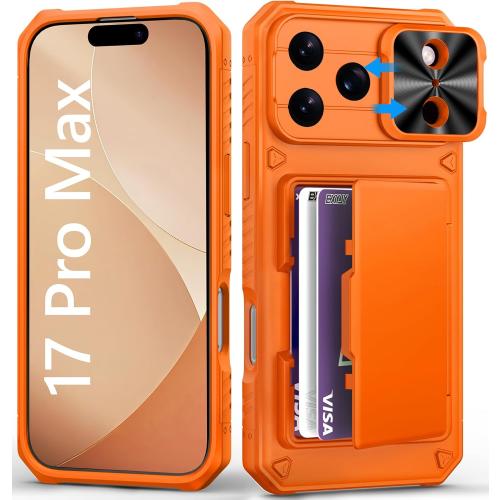 BXYJY for iPhone 17 Pro Max Phone Case Wallet, Card Holder (4-5 Cards), Slide Camera Cover, Military Grade Protection, Rugged Hard Women Girly Men Protective Case for iPhone17 Pro Max 6.9, Orange