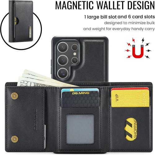 2 in 1 Magnetic Leather Wallet Case for Samsung Galaxy S25 Ultra, DG.MING Wireless Charging Phone Case with Detachable Wallet RFID Card Holder Large Cash Compartment Kickstand (Black)