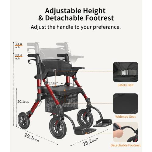 VOCIC Z51 Walker for Seniors, 2 in 1 Walker Wheelchair Combo, All Terrain | Foldable Rollator Transport Chair for Adults, Converts to Wheelchair with Detachable Footrests, Brakes&Pouch, Red