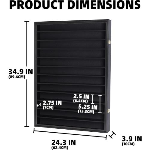 Large 144 Shot Glass Display Case Rack Solid Wood Cabinet Holder Wall Curio Cabinet Shadow Box for Action Figures Small Figurines - Lockable with UV Protection Door - Black Finish