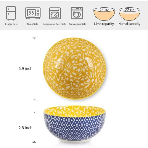 Selamica Ceramic Cereal Bowls Set of 6, 24 Oz Deep Soup Bowls for Kitchen, 5.9 Inch Dessert Bowls for Salad, Pasta, Oatmeal, Ramen, Microwave Dishwasher Safe, Set of 6, Assorted Colors____