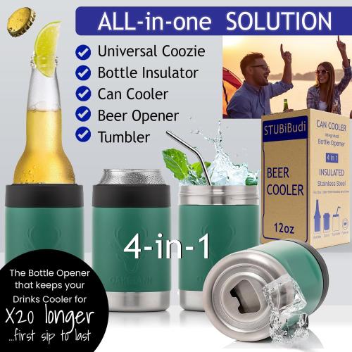 OAKMANN Stainless Steel Beer Cooler With Bottle Opener, Vacuum Insulated Can Cooler 12 oz for Bottles Cans, 4-in-1 Universal Insulator Coozy for Bottles Cans, Best Gifts for Beer Lovers (Green)