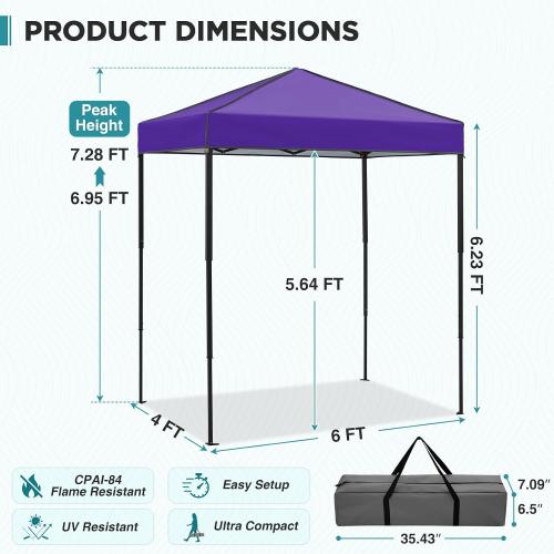 EAGLE PEAK 6x4 Instant Pop Up Canopy Tent, Purple | Small Portable Canopy with Carry Bag, Lightweight Pop Up Outdoor Tent for Beach, Camping & Sports, Easy Setup, Ultra Compact