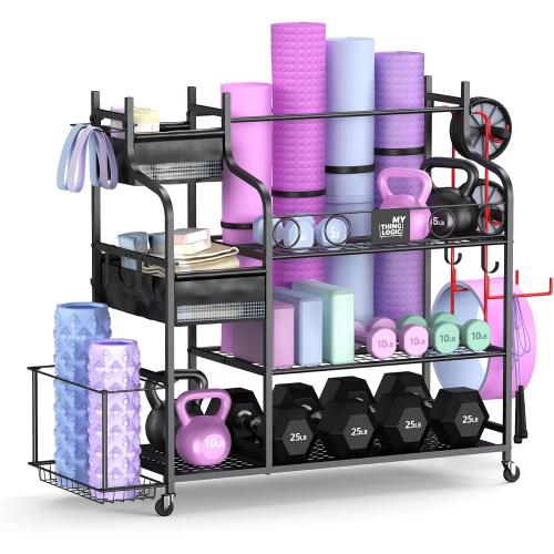 Mythinglogic Home Gym Storage Rack with Wheels for Dumbbells and Yoga Mats | Versatile storage with shelves, hooks and side holders for kettlebells, foam rollers, bands, weight plates and gym gear