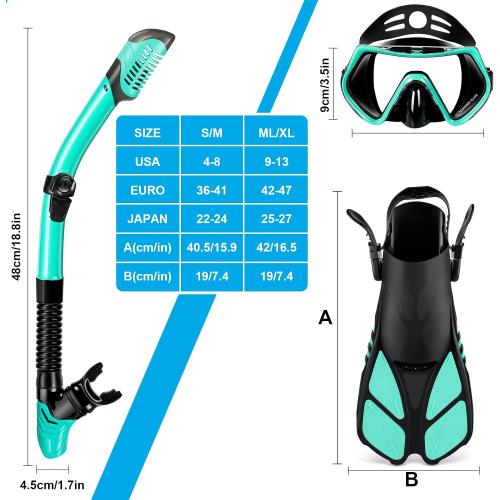 ZEEPORTE Mask Fin Snorkel Set with Adult Snorkeling Gear, Panoramic View Diving Mask, Trek Fin, Dry Top Snorkel  Travel Bags, Snorkel for Lap Swimming