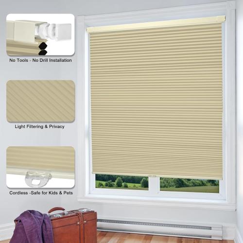 Cordless Cellular Shades, No Drill No Tools Honeycomb Window Blinds, Blackout Light Blocking Cellular Shades for Window, Thermal Insulation Blinds, Easy to Install, Light Cream 32W x 64H