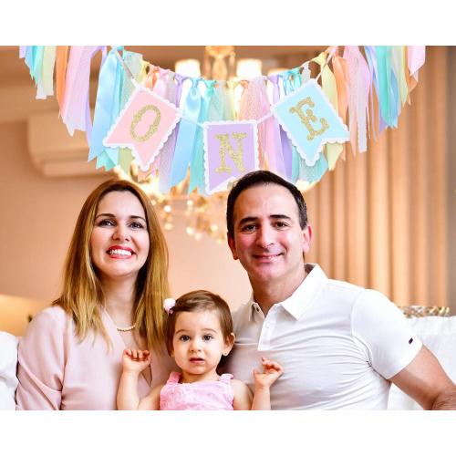 Rainbow High Chair Banner for 1st Birthday - Baby Girl Smash Cake for Photo Props, First Birthday Photo Background, Macarons Color(Rainbow High Chair Banner)