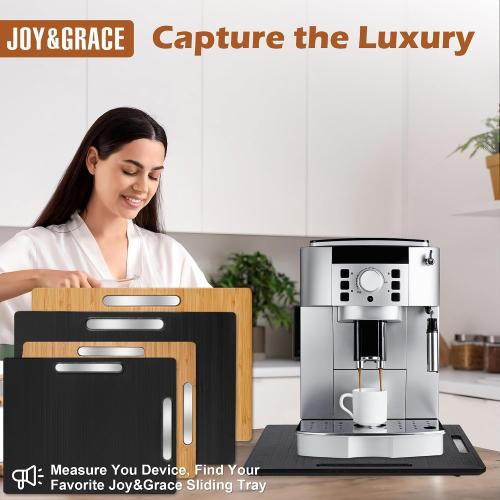 Joy&Grace Appliance Slider for Kitchen Appliances 360° Rolling Sliding Tray for Coffee Maker Countertop, Bamboo Coffee Pot Slider Rolling Tray with Universal Rollers (Black, Large 16x13)