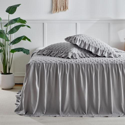 Ruffle Skirt Bedspread Set - 30 Long Drop - Vintage Chic Ruffled Summer Coverlet Bed Spreads Quilt Boho Bedding Farmhouse Style Lightweight Luxurious Rustic 3 Piece Set Queen Size Gray