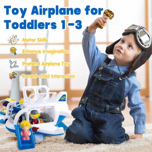 PLAY Airplane Toy for Kids - Toddler Airplane Toys Travel Plane Toys for Kids 2  Years Old with Small Figures & Baggage Carrier, Musical Toy Airplane with Lights for Boys Girls Gifts Birthday (Blue)
