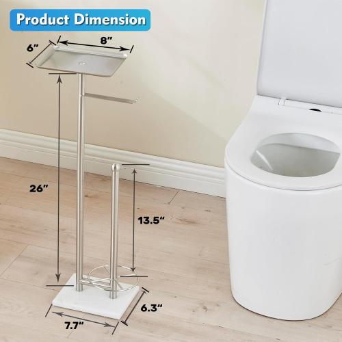 Toilet Paper Holder with Shelf, Free Standing Toilet Paper Holder with Storage - Toilet Paper Stand for Holding Extra 3 Rolls, Tissue Holder for Bathroom (Brushed Nickel with Marble Base)
