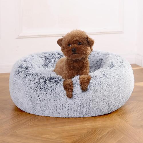 Amazon Basics Washable Donut Pet Bolster Faux Fur Bed with Removable Cover, Anti-Slip Bottom for Dog, Grey, 23 x 23