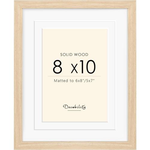 8x10 Picture Frames Matted for 5x7 and 6x8 Picture, Solid Wood with Oak Wood Grain, Double Mats Photo Frame with Tempered Real Glass Fits 3 sizes, Tabletop or Wall Mounting Display, Oak