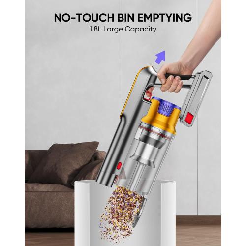 Grey Cordless Vacuum Cleaner, 580W 48KPA 60 Mins Vacuum Cleaners for Home, Stick Vacuum with 1.8L Large Dust Cup, Wall Mount Charging, Anti-Tangle Wireless, Green Light for Pet Hair, Carpets, Hardwood