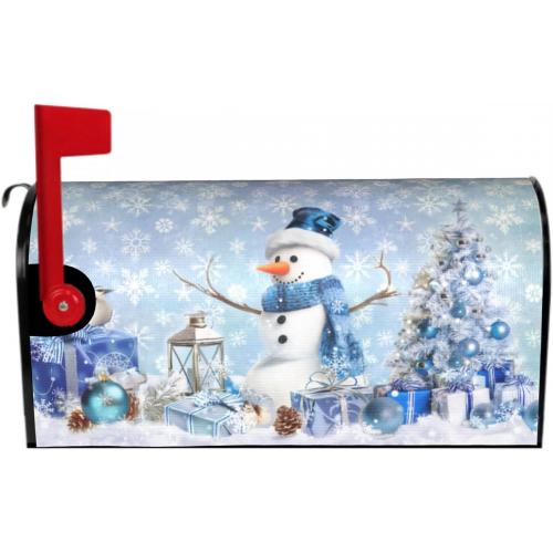Winter Snowman Mailbox Cover Magnetic 21x18 Standard Size Blue Christmas Tree Balls Xmas Snowflakes Mailbox Wrap Post Cover Decor for Yard Garden Home Outdoor Holiday New Year