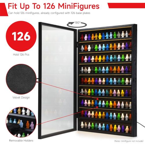 SIXPOINTS LED Minifigures Display Case-Wall Mount Miniature Action Figure Display Cabinet Holder-Holds 126 Figure Men Miniatures Collection-Lockable (Black Wood Finish)