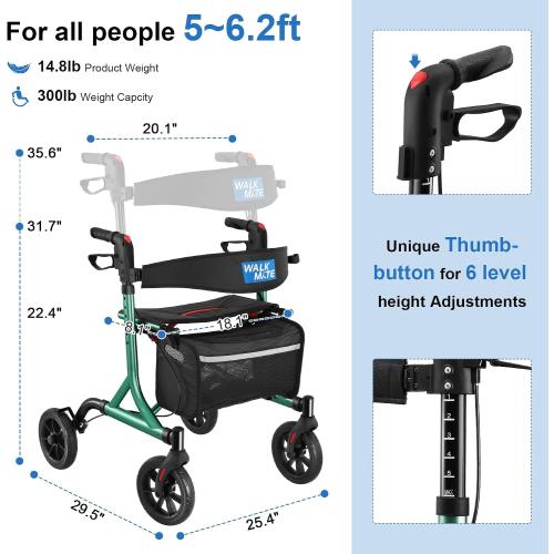 WALK MATE Rollator Walker for Seniors with Cup Holder, Upgraded Thumb Press Button for Height Adjustment, 4 x 8 Wheels Walker with Seat Padded Backrest Folding Lightweight Walking Aid, Green