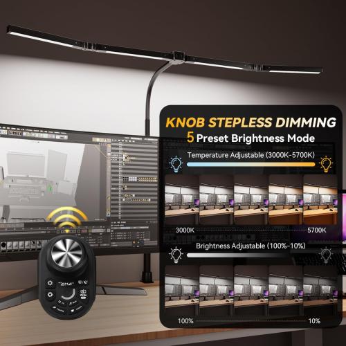 Adjustable LED Desk Lamp – Stepless Dimming & Color Temp Remote Control, Eye-Caring 4 Large Bright Light Souce for Home Office, Flexible Neck, Clamp Base, 5 Lighting Modes for Reading, Computer, DIY