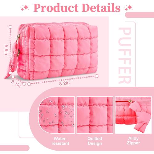 Puffer Quilted Makeup Bag Cosmetic Bags,Puffy Travel Toiletry Pouch for Women,Cute Checkered Zipper Bag Travel Essential,Portable Aesthetic Make up Organizer Bag for Gifts Work Daily(Pink,M)