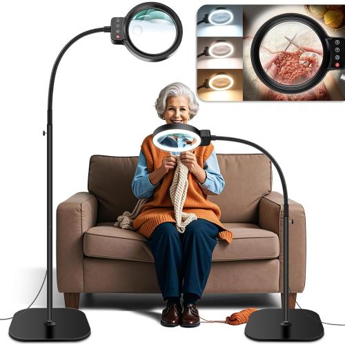 30X 10X Large Floor Magnifying Glass with Light and Stand,72 LED Flexible Gooseneck Floor Magnifying Lamp,2 in 1 Lighted Magnifiers for Close Work, Sewing,Crafts,Hobbies（Black）