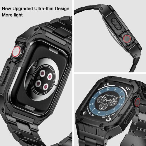 Stainless Steel Watch Band with Case Compatible with Apple Watch Series SE 3 2 1/6 5 4 (40mm) Series 9 8 7 3 2 1 (41mm 38mm), Metal Protective Bumper Cover for iWatch Bands Men (Black)