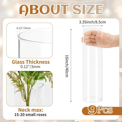 9 Pack Glass Cylinder Vases 16 Inch Tall Clear Flower Vases for Centerpieces, Hurricane Floating Candle Holder Wedding Decorations, Floral Simple Vase Bulk for Party Home Decor (3.35 x 16 Inch)