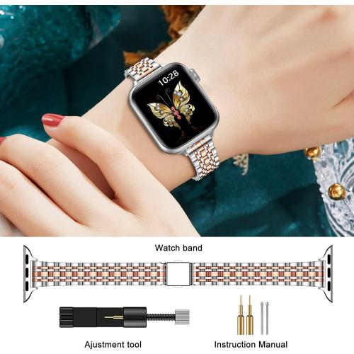 MioHHR Slim Metal Band Compatible with Apple Watch Band 42mm(Series 11 10) 41mm(Series 9 8 7) 40mm(Series 6 5 4 SE3/2/1) 38mm(Series 3 2 1),Stainless Steel iWatch Bands for Women,Silver/Rose Gold