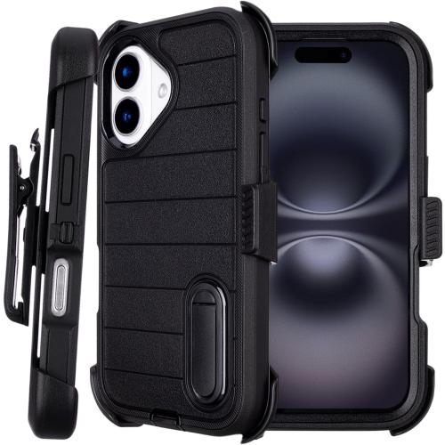 Black for iPhone 16 Case with Belt Clip Holster, Heavy Duty Rugged Military Grade Shockproof Cases for iPhone 16 Case Protective Cover with Kickstand 6.1 Inch