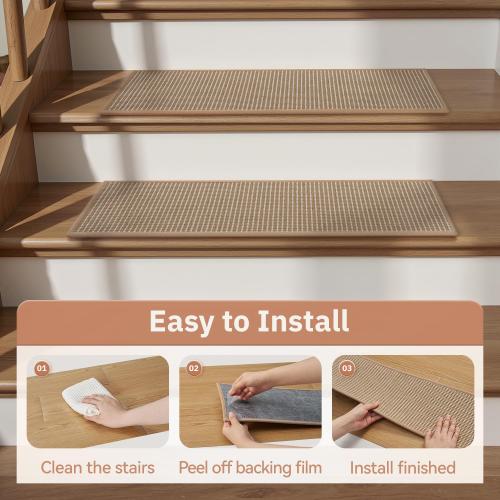 15PC Jute Stair Treads for Wooden Steps-Stairs Carpet Non Slip-Peel and Stick Stair Treads Indoor, Adhesive Staircase Step Treads Residue Free, Durable Natural Stair Runner Rug,8x30 Beige