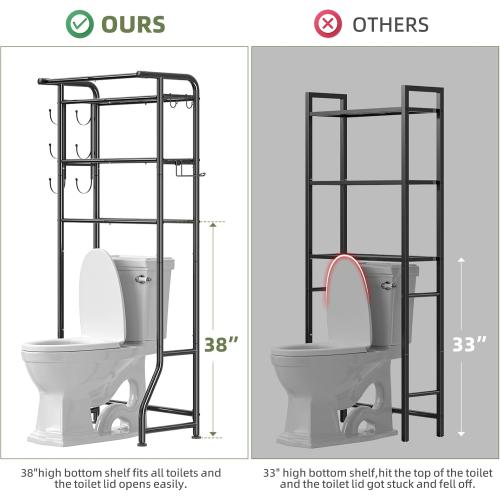 Simple Trending Over The Toilet Storage Cabinet, Metal Bathroom Shelf Organizer with Paper Holder and Hooks, 3 Tier, Black