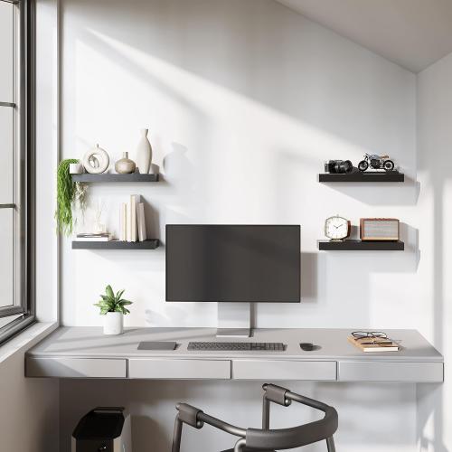 BAMEOS Floating Shelves, Black Wall Mounted Wooden Shelves with Invisible Brackets Set of 2, Hanging Wall Shelves Decoration for Bedroom, Bathroom, Living Room and Kitchen