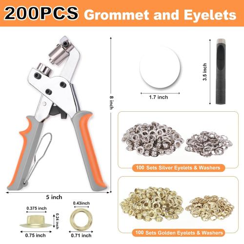Grommet Tool Kit with 200 pcs 3/8 Inch 10mm Grommets, Heavy Duty Grommet Kit, Grommets Pucher with Hole Punch and Eyelets, Eyelet Pliers Kit for Tarp, Fabric, Banner, Canvas