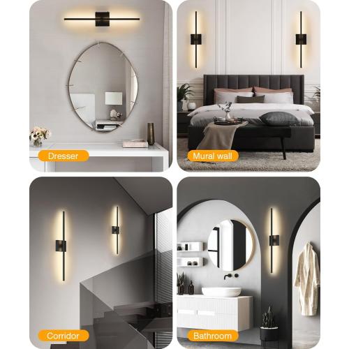 Battery Operated Wall Sconce with Remote Control,Wall Sconces Set of Two,3000K-6500K LED Wireless Wall Light for Bedroom, Hallway, Background Wall, 350°Rotate,26.6 Inch, Black(2 Pack)