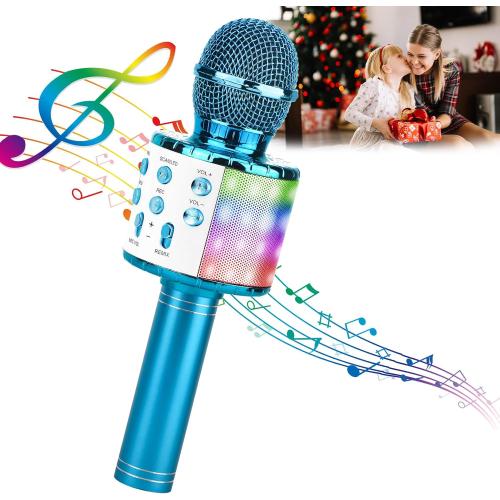 ShinePick Karaoke Microphone, 4 in 1 Wireless Microphone with LED Lights Handheld Portable Karaoke Machine, Home KTV Player, Compatible with Android & iOS Devices(Blue)