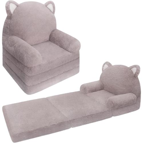 QIUODO Toddler Plush Chair with Removable Cover, Kids Sofa Bed to Lounger, Comfy Couch for Kids 18 Months and Up (Grey Kitty)