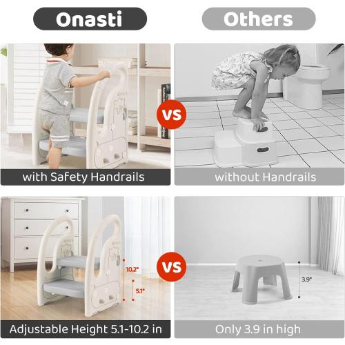Color Grey Onasti Toddler Step Stool for Bathroom Sink, Adjustable 2 Step Stop for Kids with Handles, Toilet Stool Potty Training, Plastic Ladder Toddler Helper Stool for Bedroom Kitchen Counter Grey White