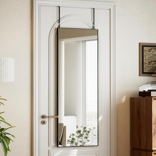 16 x 50 Adjustable Height Over The Door Mirror - Rectangular Full Length Hanging Door Mirror with Shatterproof Tempered Glass Black Metal Frame for Dormitory
