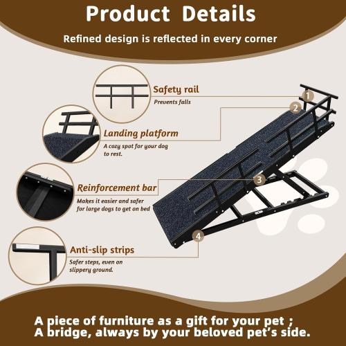 Dog Ramp for Bed - 65 Length, Supports up to 32 Height,Includes Non-Slip Replaceable Carpet, Safety Rails & Landing Platform,Adjustable & Foldable Pet Ramp for Large/Senior Dogs to Get on Bed-Black