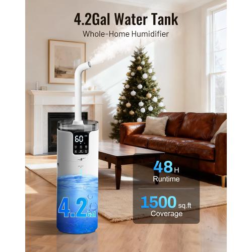 Humidifier large room 16L/4.2Gal - Lacidoll Whole house Humidifier for Home1500 sq.ft. Ultrasonic Cool Mist Humidifiers for Bedroom with Extension Tube & Aroma Box & Night light, White