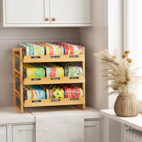 Bamboo Can Organizer for Pantry, 3 Tier Stackable Can Storage Organizer Pantry with Label Sticker and Marker Pen, Can Holders for Cabinet and Can Rack Organizer (Natural Bamboo)