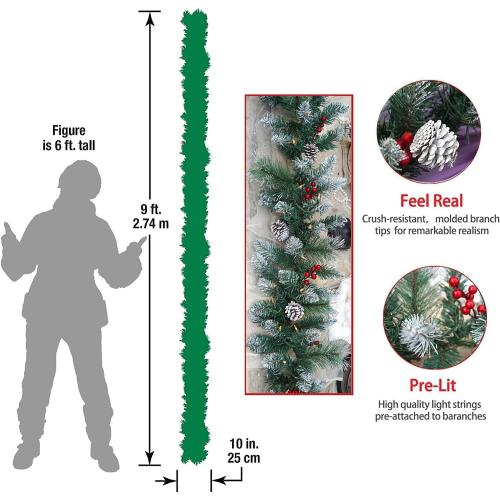 Pre-Lit Artificial Christmas Garland, Snowflake Garland, White Lights 50, Decorated with Pine Cones, Berry Clusters, Plug in, Christmas Decorations, 9 Feet