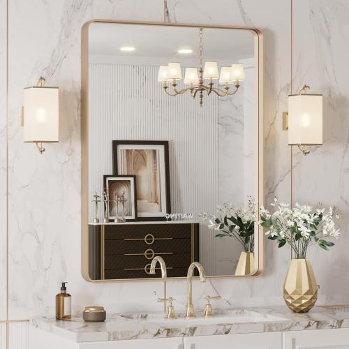 LOAAO 24”X32” Gold Bathroom Mirror, Rounded Rectangle Gold Frame Mirror, Brushed Gold Bathroom Vanity Mirror Wall-Mounted, Anti-Rust, Hangs Horizontally or Vertically