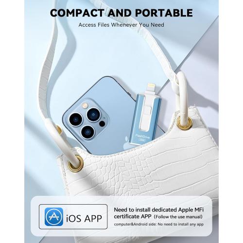 MFi Certified Flash Drive for iPhone iPad 256GB, Photo Stick for External Memory Storage, Easily Back Up and Save Photos Videos, USB Memory Stick Thumb Drive for iPhone/iPad/Android/PC (Sky Blue)