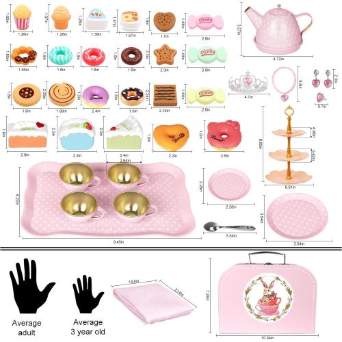 Tea Party Set for Little Girls, 49PCS Princess Tea Time Toys Including Tea Set Dessert Carrying Case, Kids Kitchen Pretend Playset, Tea Set for Girls Birthday Toddler Age 3-8, Pink