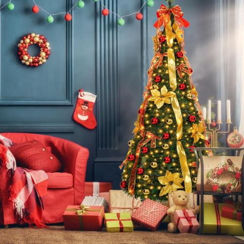 6 ft pre-lit Decorated Christmas Tree, 200 LED Warm Lights, Prelit pop-up Christmas Tree, Fully Decorated 66 Ornaments, Collapsible Pull Up Christmas Tree with Lights for Indoor Home Party Decor