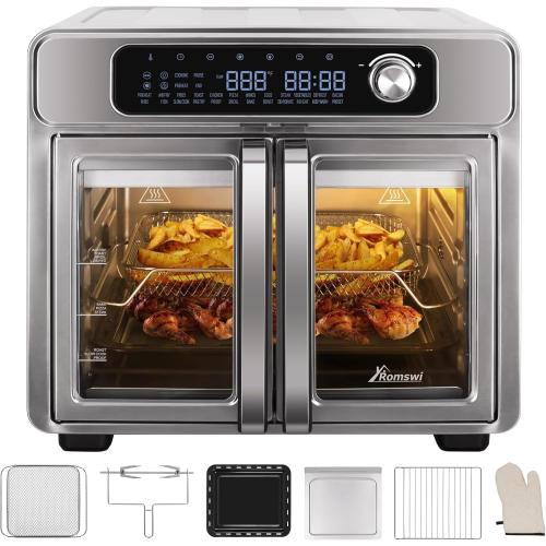 Romswi 26QT French Door Air Fryer Toaster Oven Combo, 24 Cooking Functions and Digital Controls, Fits 12 Pizza, 6 Slices of Toast, Rotisserie 6lb Chicken, 6 Accessories Included