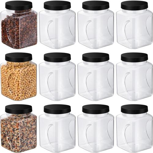 Gerrii 32 oz Plastic Storage Jars with Lids Bulk Clear Grip Containers with Wide Mouth, Wide Mouth Pantry Dry Food Storage Canisters Jars for Flour, Rice, Coffee, Sugar, Honey, Black Lids