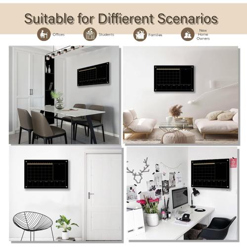 Size Large Color Black Glass 3-1 Monthly Dry Erase Calendar Whiteboard for Wall Frameless Mounting,Office/School/Home, Frameless Large Planner White Board